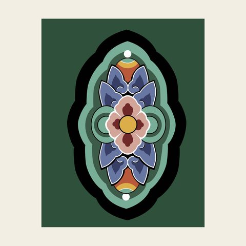 Beam panel lotus green — Korean traditional panel motif vector (경복궁 근정전 개판)