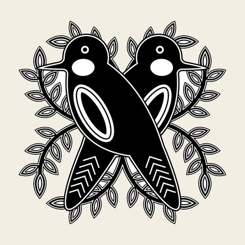 Magpie pair leaves — Korean traditional bird motif vector (새문 9421)