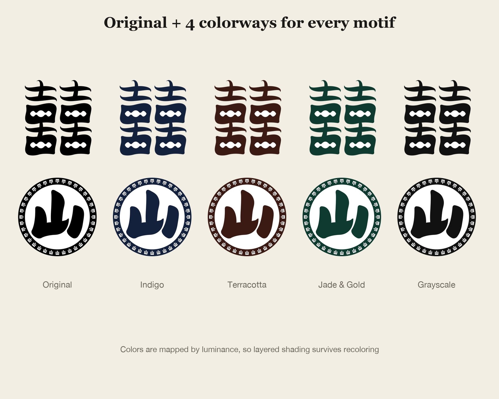 Auspicious Characters Set — colourways