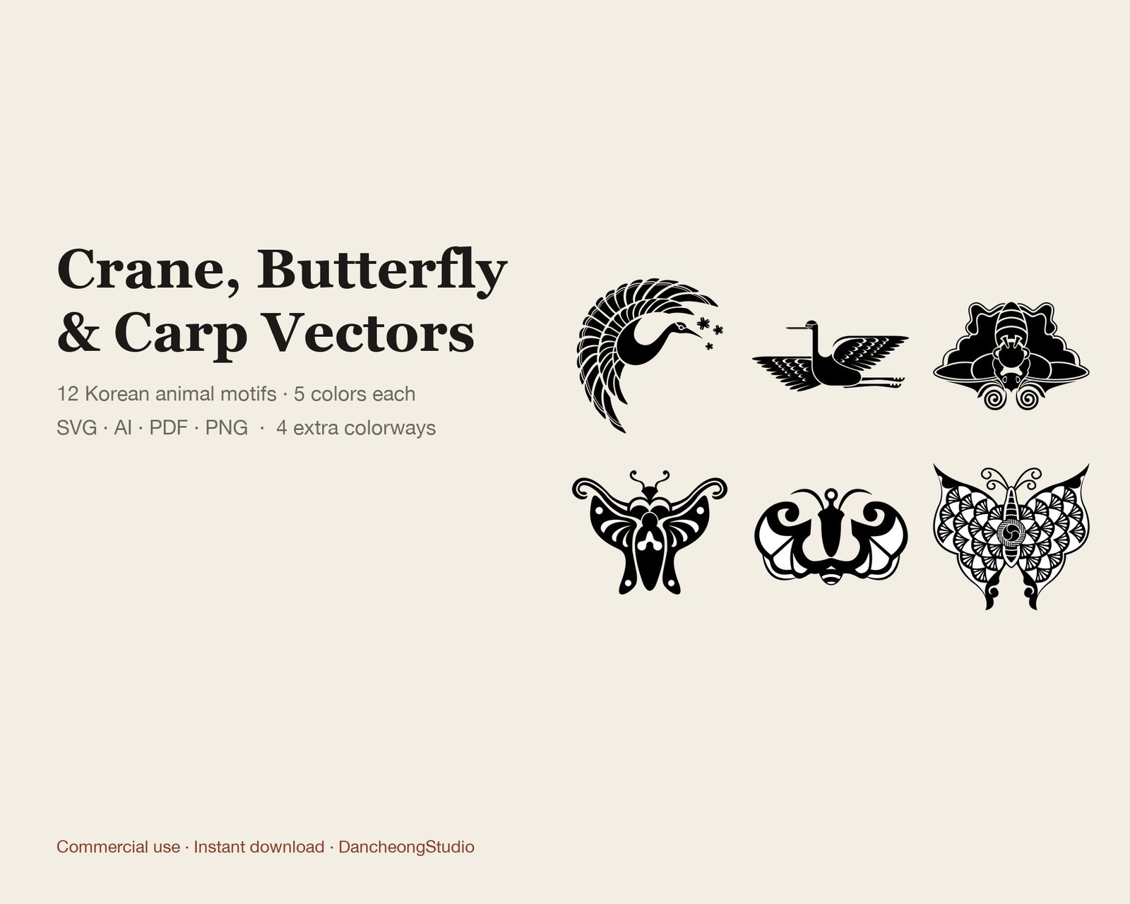 Crane, Butterfly & Carp Vectors — Vector Motif Set — cover