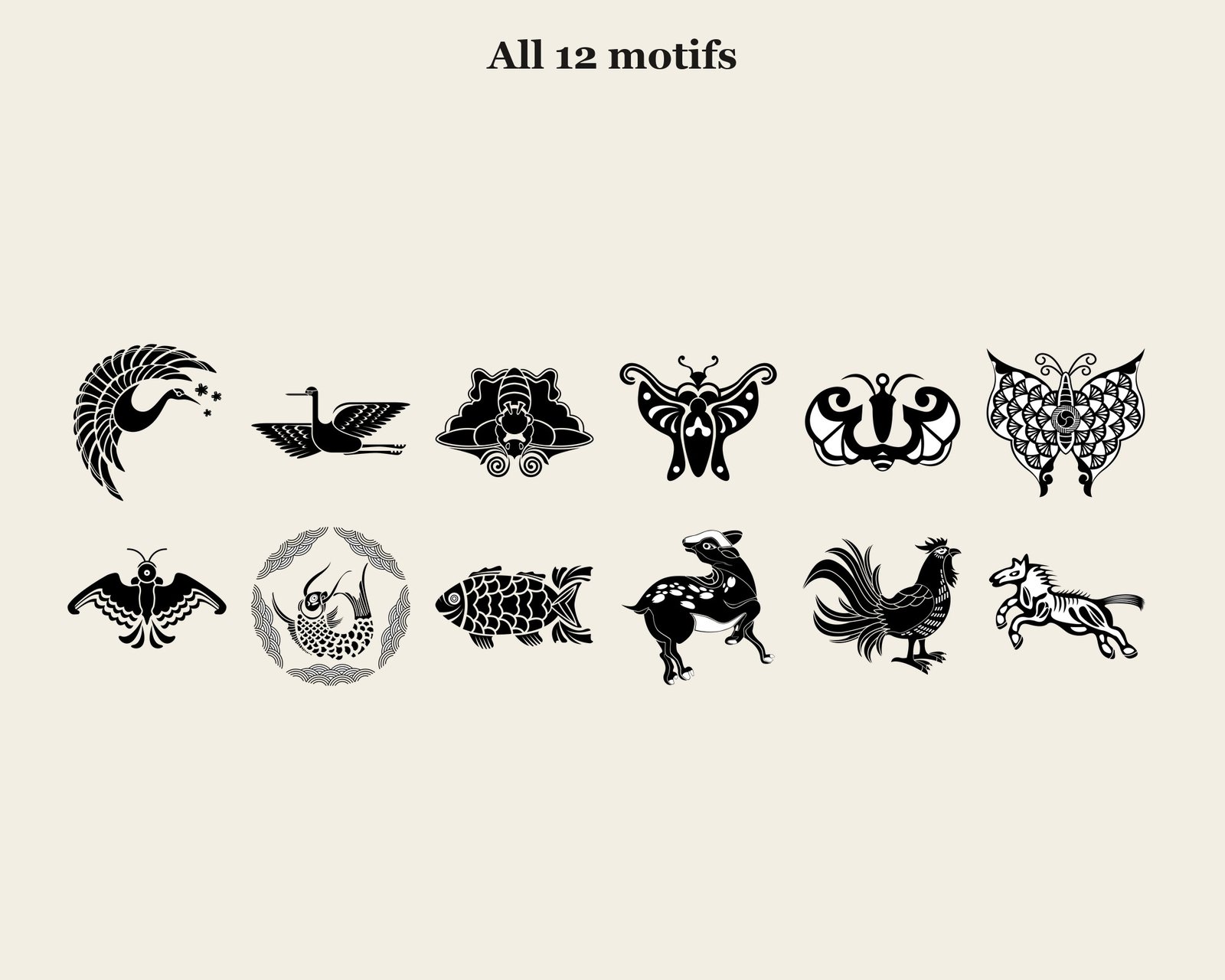 Crane, Butterfly & Carp Vectors — motifs overview