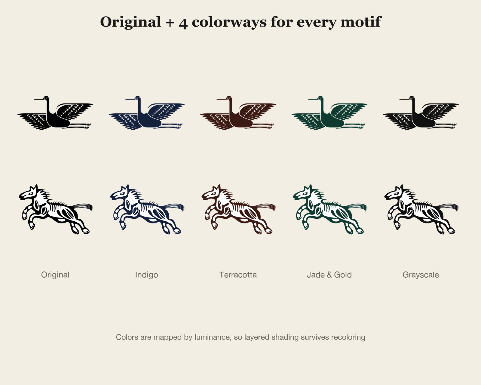 Crane, Butterfly & Carp Vectors — colourways