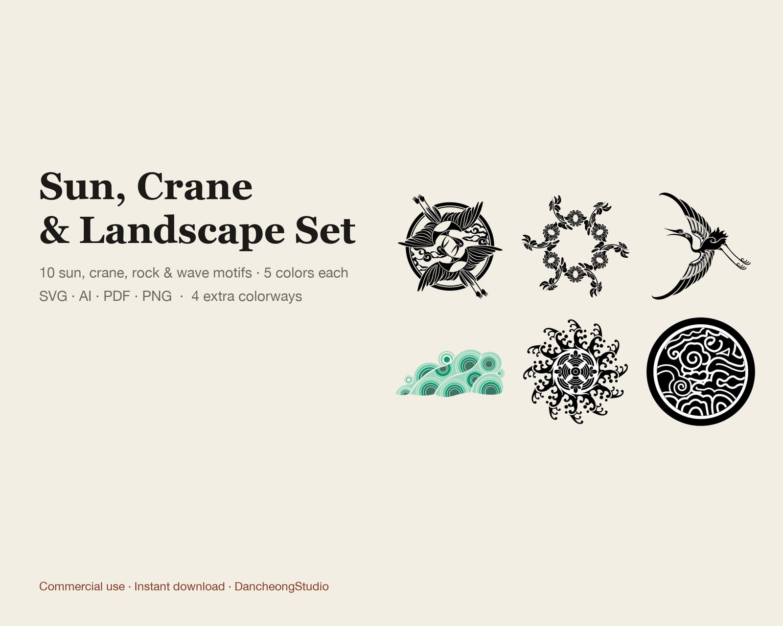 Sun, Crane & Landscape Set — Vector Motif Set — cover