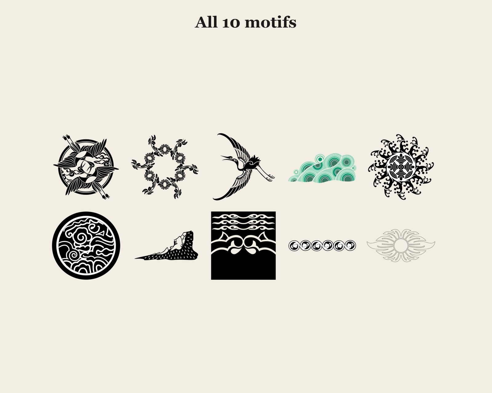 Sun, Crane & Landscape Set — motifs overview