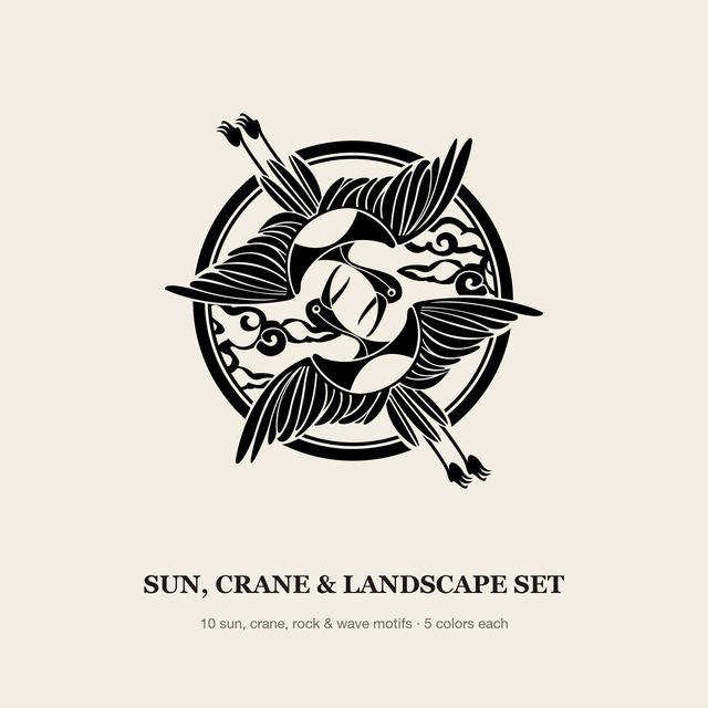 Sun, Crane & Landscape Set — Vector Motif Set