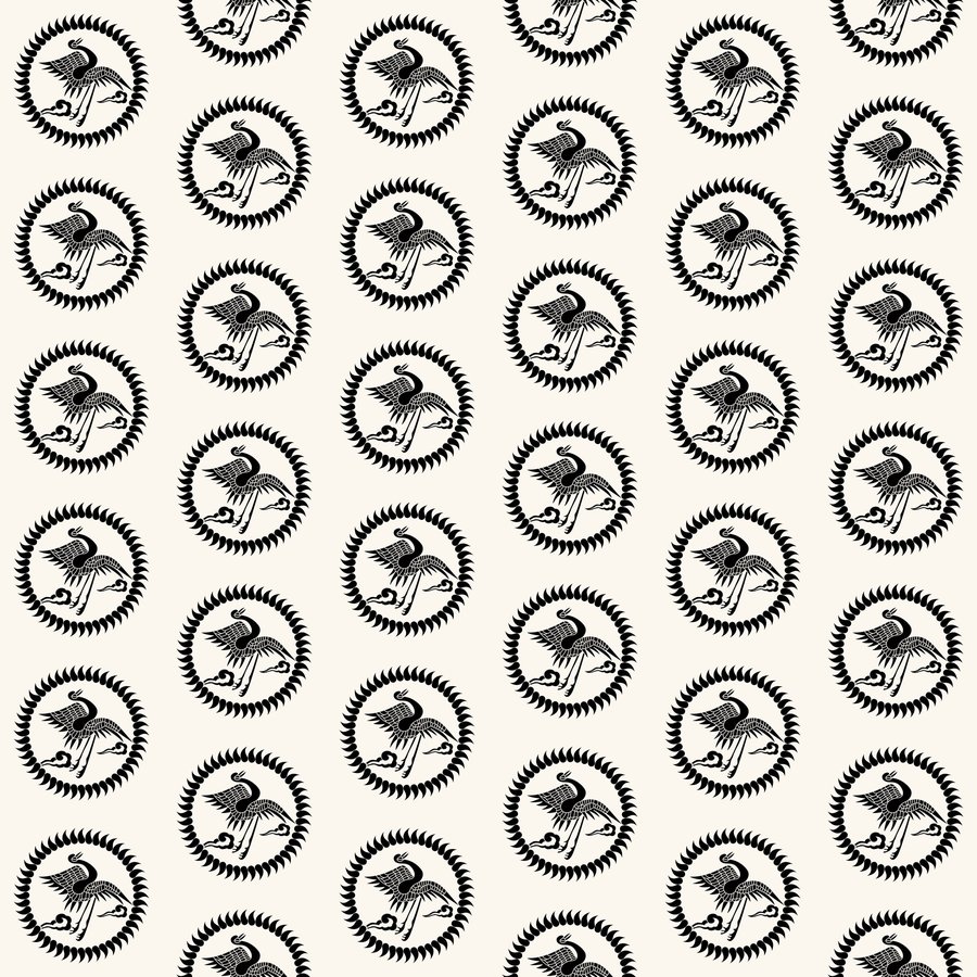 Crane sun ring halfdrop seamless Korean pattern tile, 3×3 repeat preview