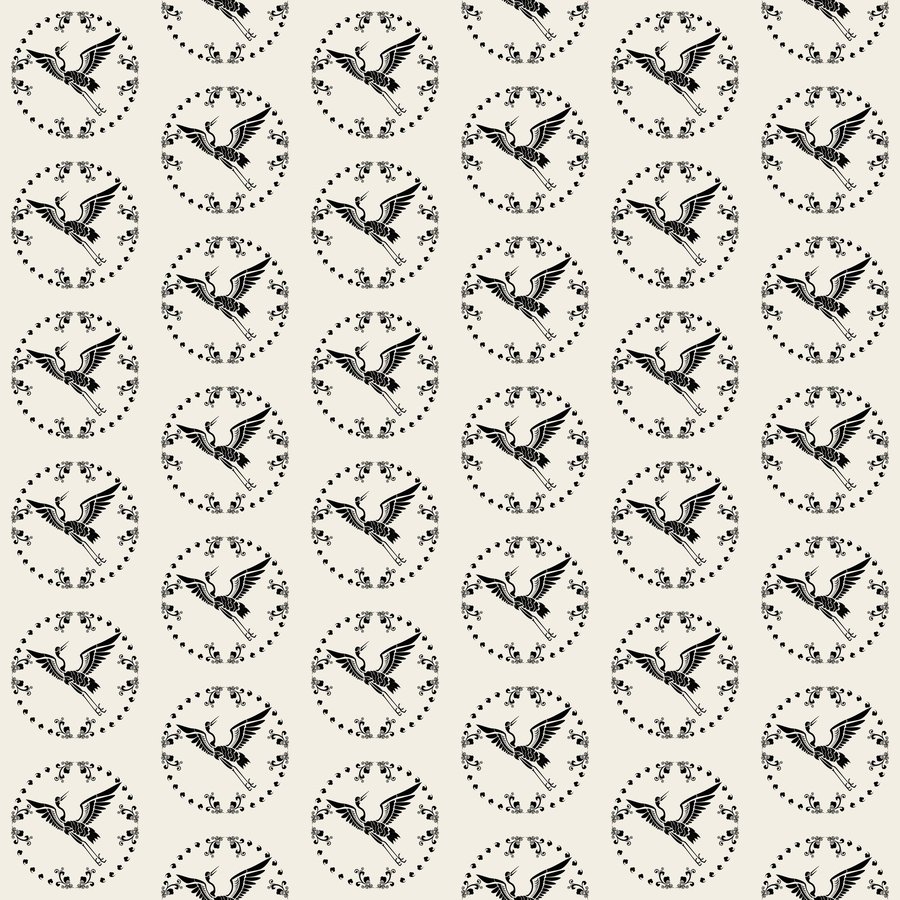Crane wreath halfdrop seamless Korean pattern tile, 3×3 repeat preview
