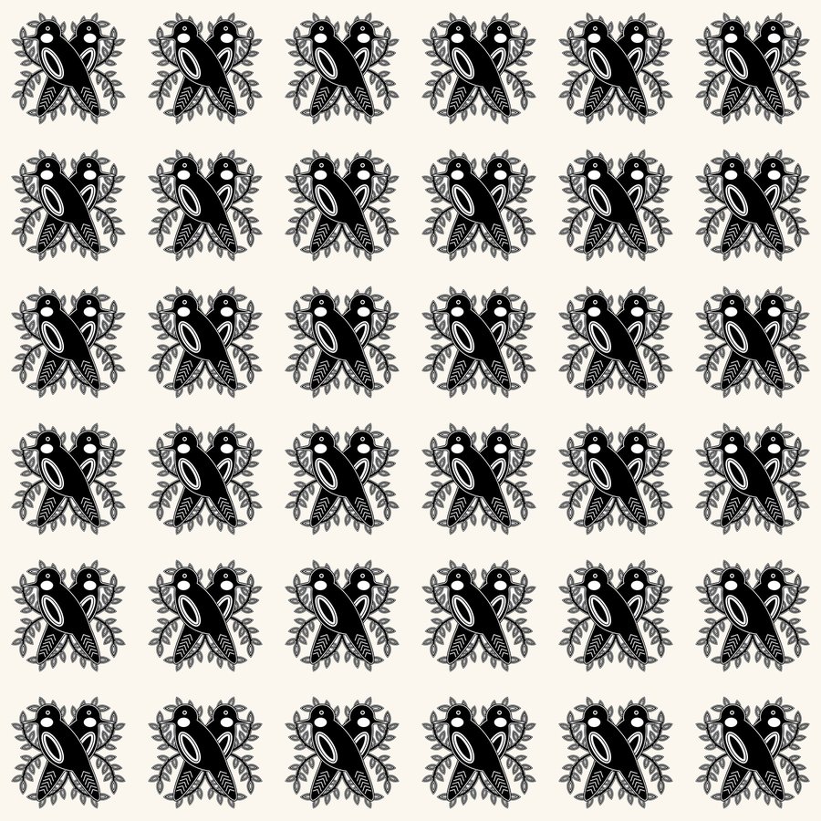 Magpie pair grid seamless Korean pattern tile, 3×3 repeat preview